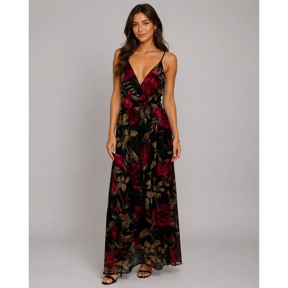 Y2K Privy Whimsigoth Romantic Sheer Maxi Dress Womens Large Black Red Vintage